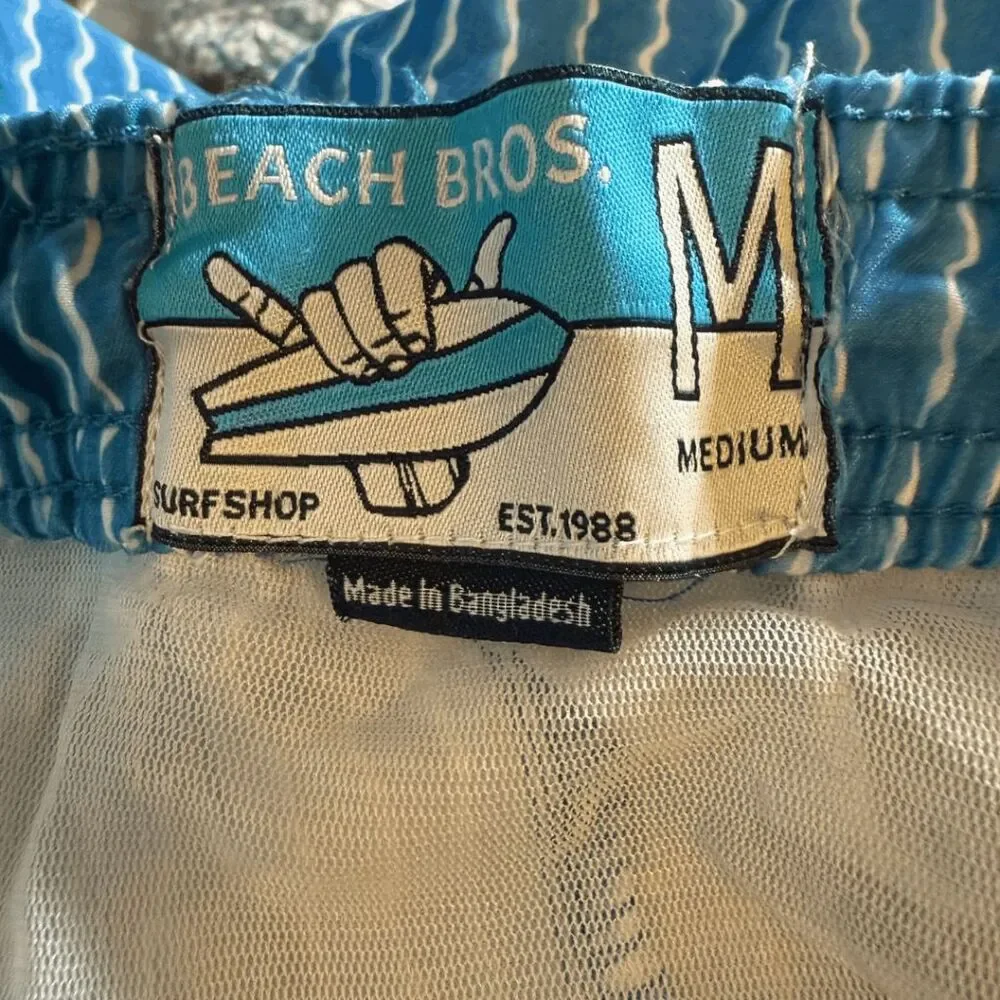 Beach Bros Mens Drawstring Striped Surfer Swim Trunks Blue White‎ Size Medium